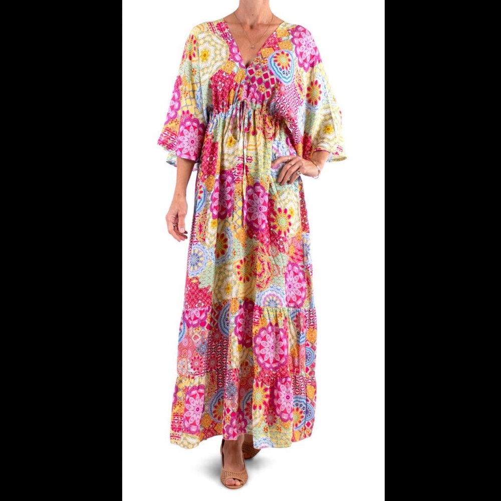 Gigi Moda Agio Maxi Dress One Size Women Boho Resort Wear Double V Neck Viscose - Picture 2 of 11